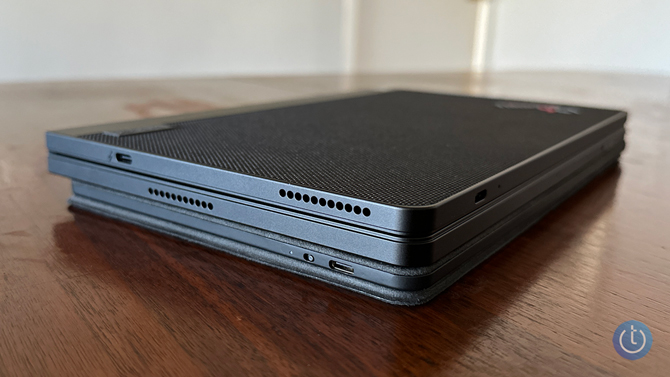 Lenovo ThinkPad X1 Fold 16 shown folded with keyboard folio stand.