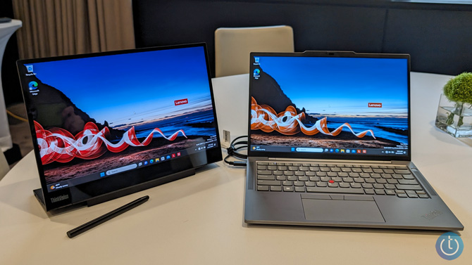 ThinkVision M14t Gen 2 mobile monitor shown attached to a Lenovo ThinkPad laptop