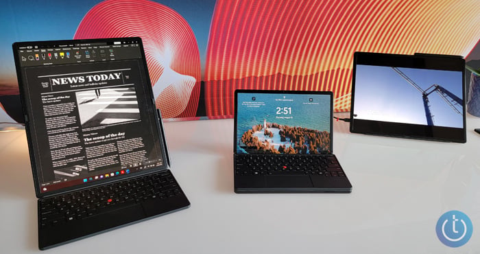 Lenovo ThinkPad X1 Fold Gen 2 shown three ways: from the left - in portrait mode with keyboard, in clamshell laptop mode, and in landscape mode.
