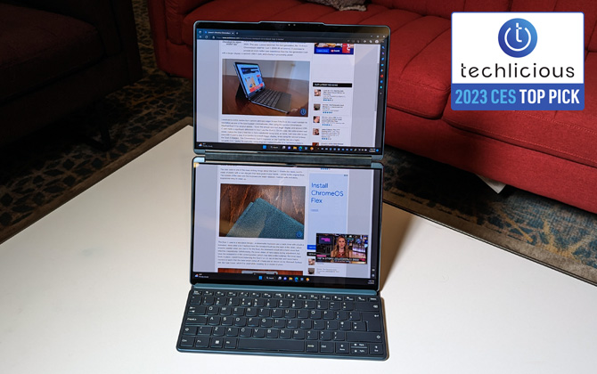Lenovo Yoga Book 9i shown open in 180 degrees in stand with keyboard