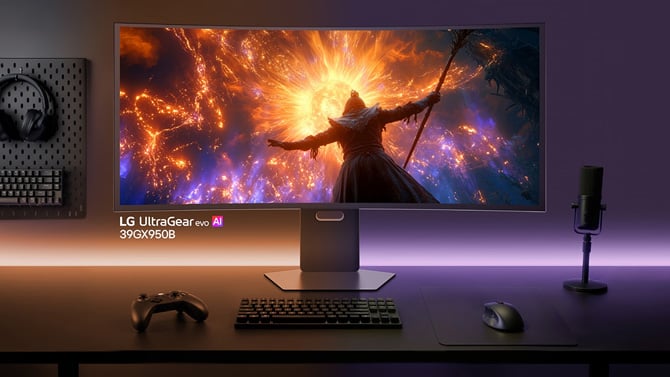 39-Inch 5K2K OLED Gaming Monitor displaying a game on a desk with a game controller, keyboard, mouse, and mic. 