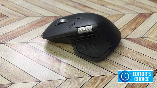 The The Logitech MX Master 4 Mouse is shown from the side. The Techlicious Editor's Choice logo is in the lower right corner.