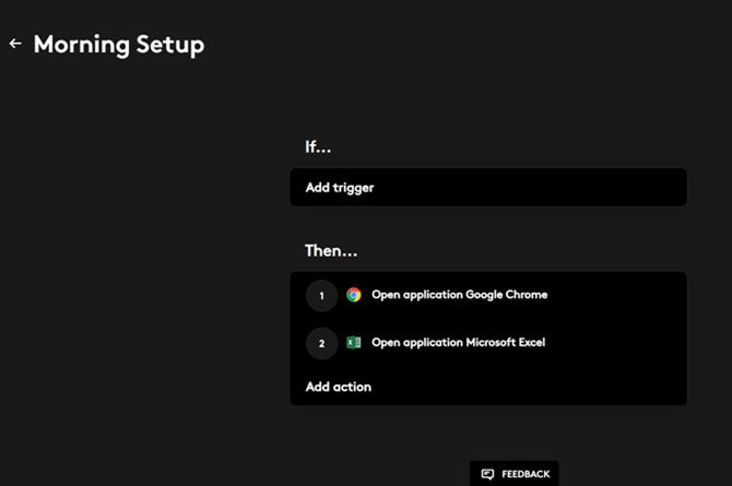 Screenshot of the Morning Setup Smart Action showing the trigger and then two actions -- opening Google Chrome and Microsoft Excel.