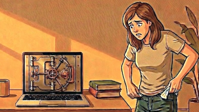 A MacBook with a bank vault image on the screen and a woman looking in her pockets for a key
