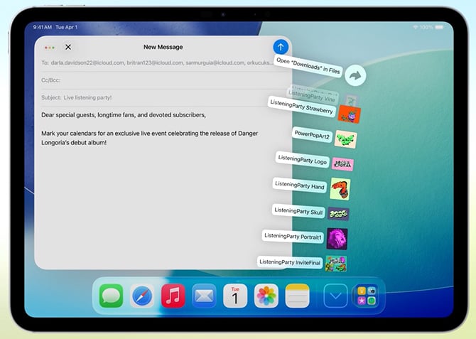 iPad shows the dock and a list of downloaded files