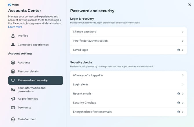 Meta Accounts Center main page showing the option for Password and security selected.