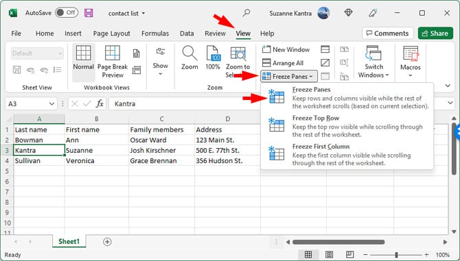 Screenshot of Microsoft Excel showing the View tab pointed out, Freeze Panes pointed out, and Freeze Panes in the drop-down menu pointed out. Cell A3 is highlighted