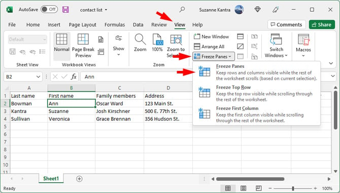 Screenshot of Microsoft Excel showing the View tab pointed out, Freeze Panes pointed out, and Freeze Panes in the drop-down menu pointed out. Cell B2 is highlighted