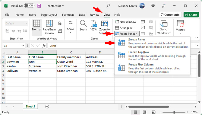 Screenshot of Microsoft Excel showing the View tab pointed out, Freeze Panes pointed out, and Freeze Panes in the drop-down menu pointed out. Cell B2 is highlighted