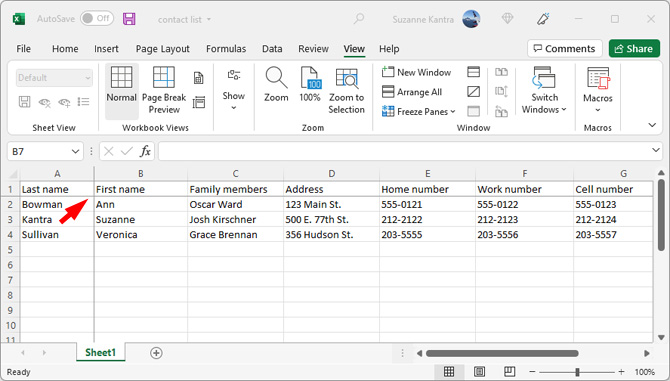 Screenshot of Microsoft Excel showing the gray lines to the right of the first column and below the first rowpointed out.