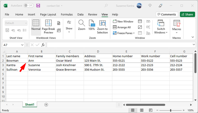 Screenshot of Microsoft Excel showing the gray line below the second row pointed out.