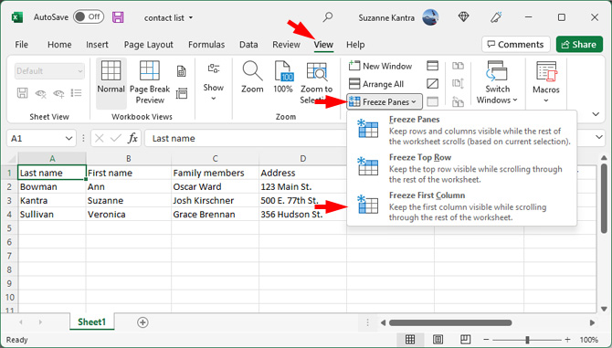 Screenshot of Microsoft Excel showing the View tab pointed out, Freeze Panes pointed out, and Freeze First Column in the drop-down menu pointed out. Cell A1 is highlighted