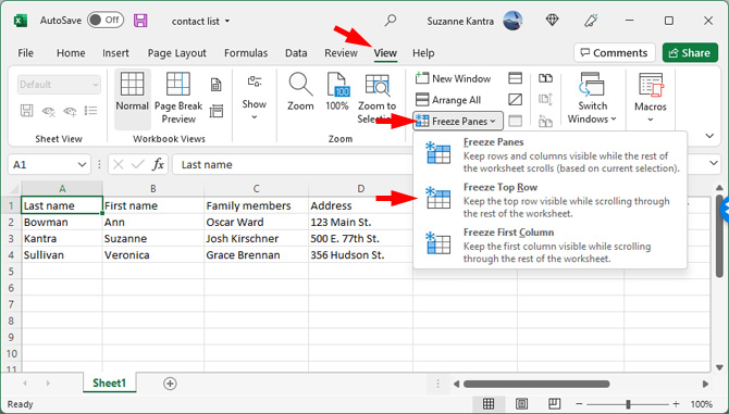 Screenshot of Microsoft Excel showing the View tab pointed out, Freeze Panes pointed out, and Freeze Top Row pointed out. Cell A1 is highlighted