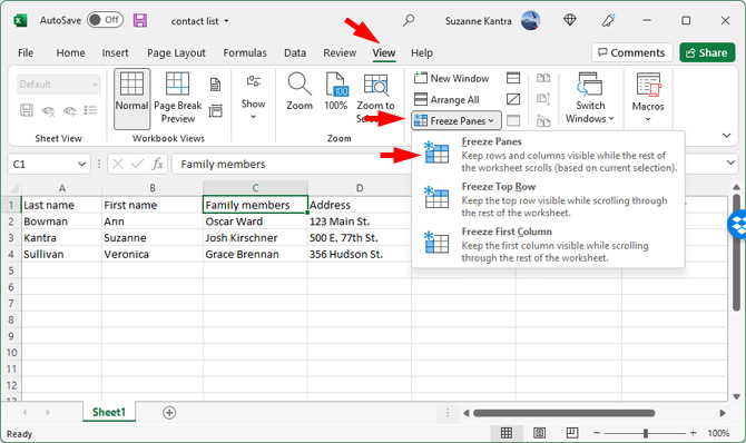 Screenshot of Microsoft Excel showing the View tab pointed out, Freeze Panes pointed out, and Freeze Panes in the drop-down menu pointed out. Cell C1 is highlighted