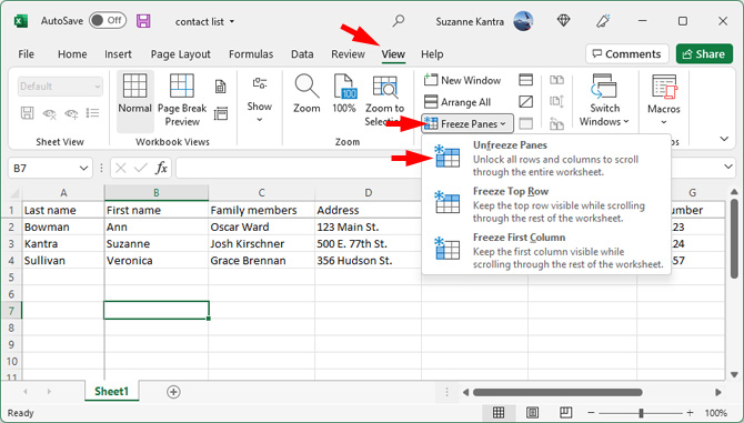 Screenshot of Microsoft Excel showing the View tab pointed out, Freeze Panes pointed out, and Unfreeze Panes in the drop-down menu pointed out.