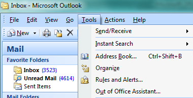 outlook tools menu