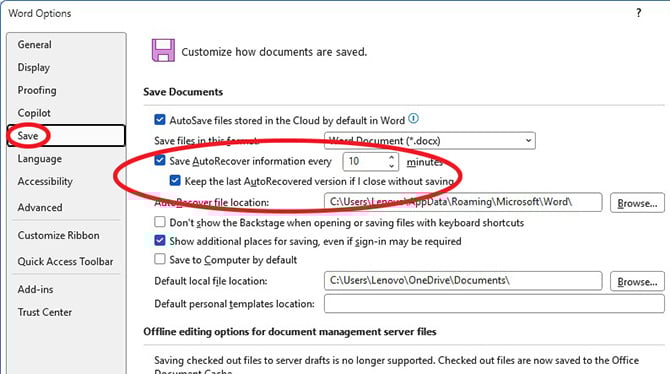 Micosoft Word Settings window with the options for setting AutoRecover function pointed out.