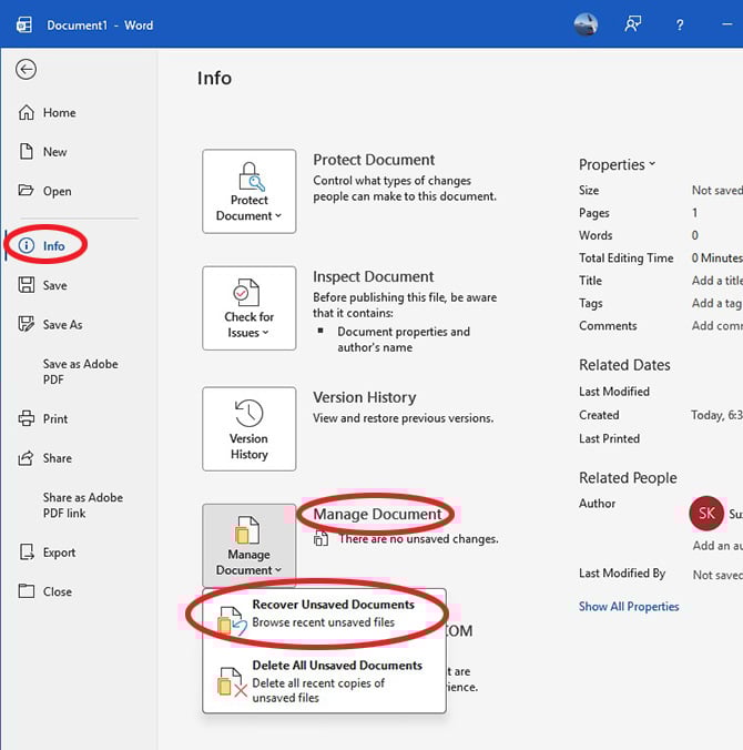 Microsoft Word File menu page with the Manage Document, Recover Unsaved Documents pointed out.