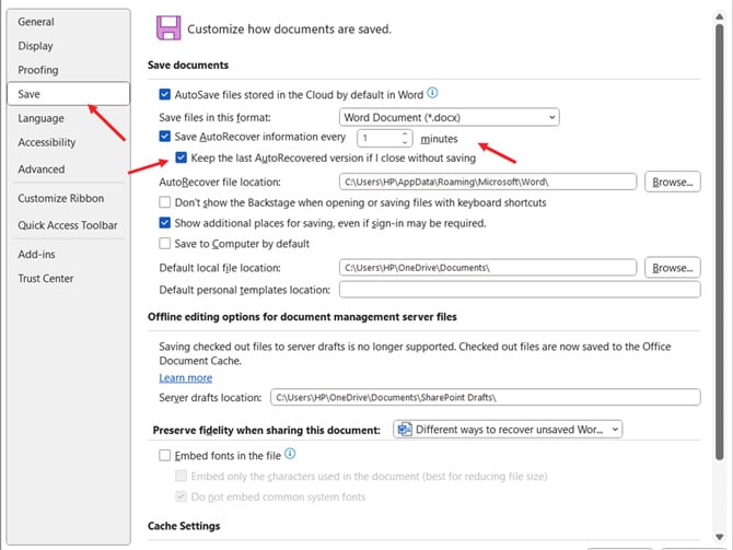 Micosoft Word Settings window with the options for setting AutoRecover function pointed out. 