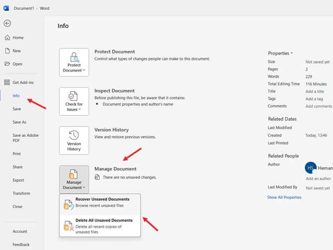 Microsoft Word File menu page with the Manage Documen, Recover Unsaved Documents pointed out.