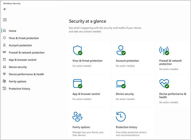Screenshot of the Microsoft Defender home screen