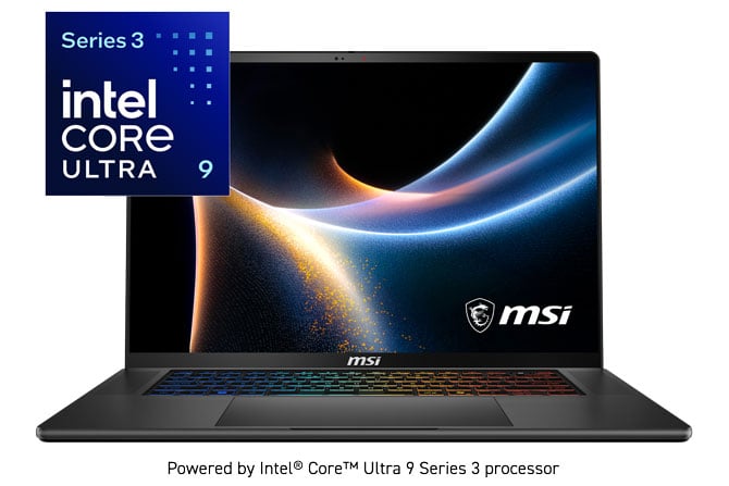 MSI Stealth 16 AI+ with powered by Intel Core Ultra 9 Series 3 language and logo