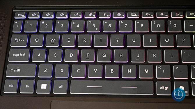 MSI Stealth 16 AI+ keyboard closeup showing generous spacing and colored led glow