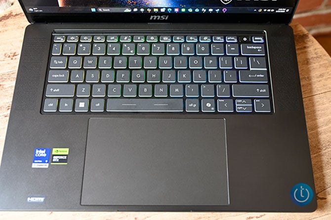 MSI Stealth 16 AI+ large keyboard, large trackpad, and large speaker on the left side