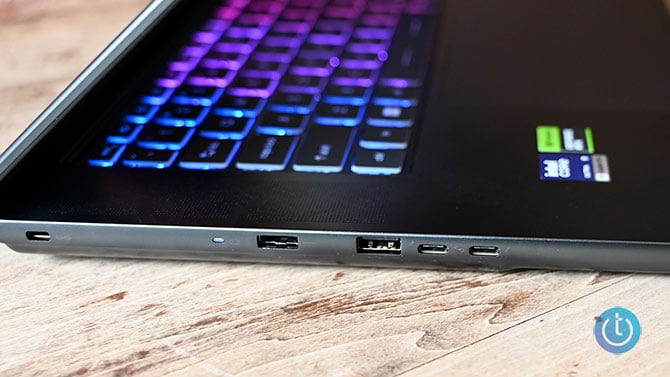 MSI Stealth 16 AI+ side view showing hdmi, USB-A, and two USB-C ports