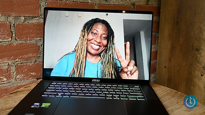 MSI Stealth 16 AI+ webcam showing Sherri Smith smiling at camera
