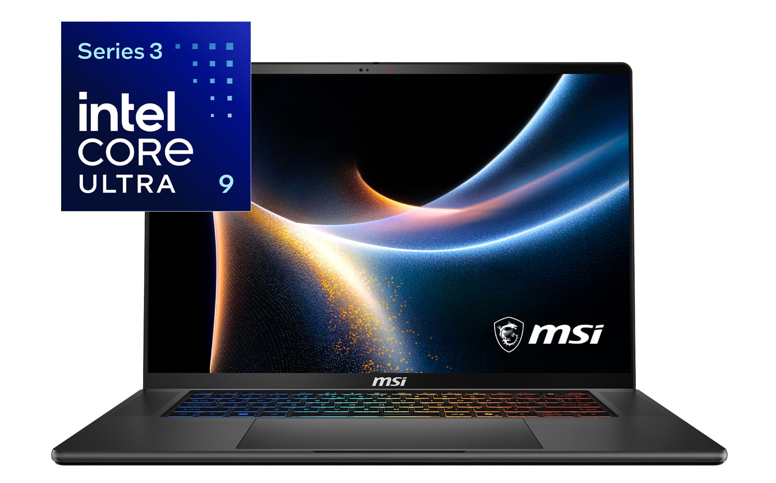 The MSI Stealth 16 AI+ with an Intel Core Ultra 9 Series 3 badge in the upper left corner.
