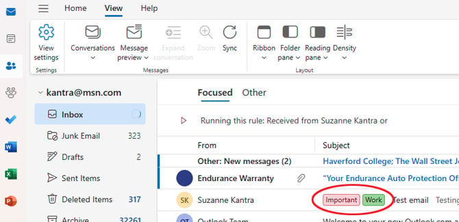 The New Outlook color coding show up as colored tags.