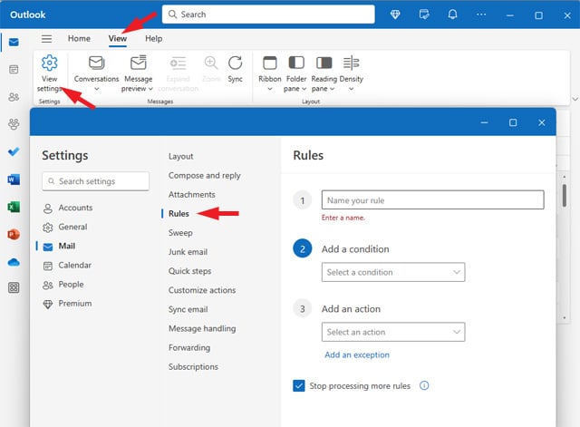 Screenshot of the New Outlook with the View, View Settings, and Rules options pointed out.