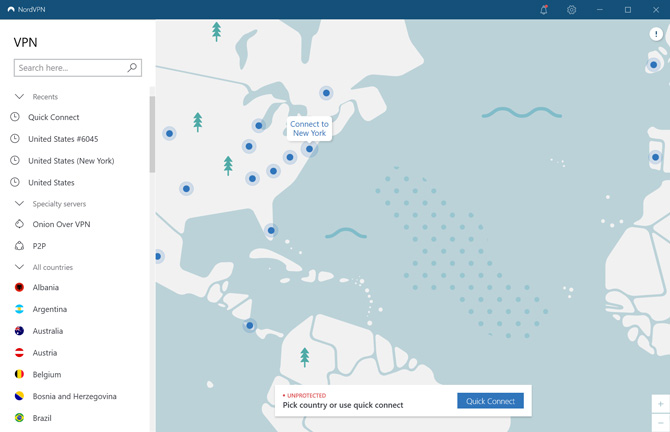 Screenshot of NordVPN connection screen showing a list of countries to connect to as well as option to connect to MultiHop and Static IP addresses.