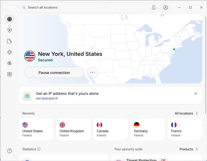 Screenshot of NordVPN connection screen showing a list of countries to connect to as well as option to connect to MultiHop and Static IP addresses.