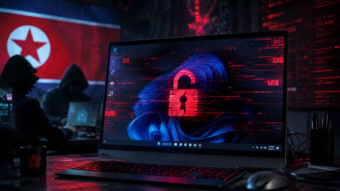 Illustration showing North Korean hackers attacking a computer