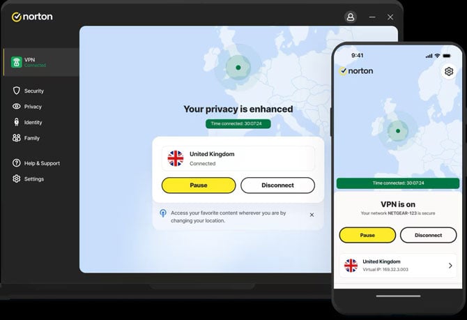 Screenshot of the Norton 360 Deluxe VPN feature.