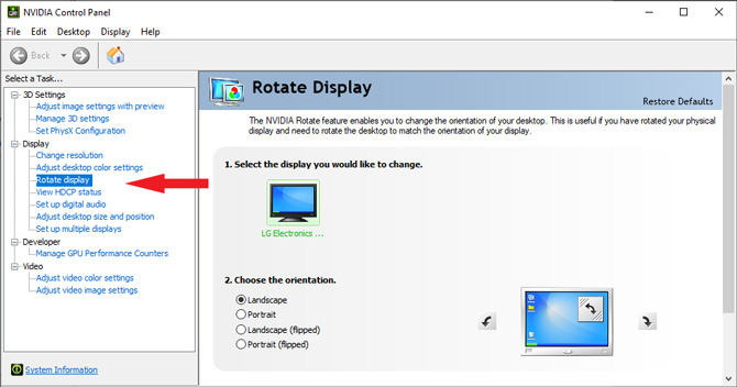 Nvidia Control Panel rotate display