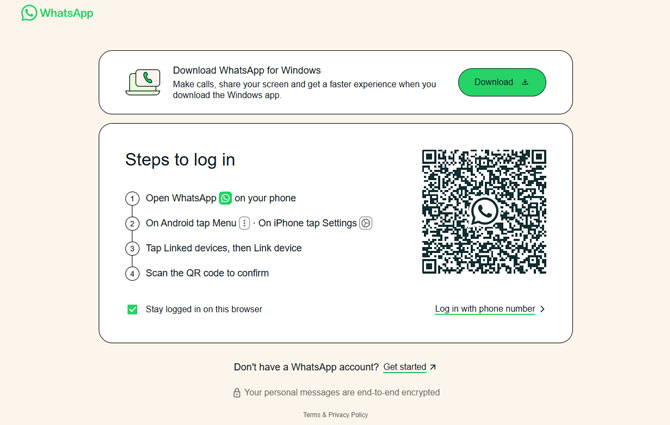 official whatsapp login page showing QR code
