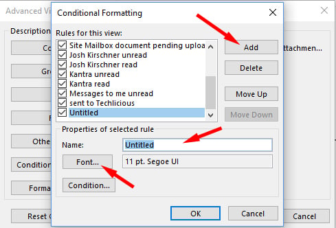 Conditional Formatting pop up box showing the option to Add a new rule in the top right. Below the box entitled Rules for this view, you see Properties of selected. In that section you see Name next to a box with the word Untitled highlighted and pointed out. Below that is button with the word Font (pointed out) and a box with the font name and size. Below that is a button entitled Condition.