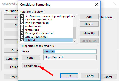 Conditional Formatting pop up box showing the option to Add a new rule in the top right. Below the box entitled Rules for this view, you see Properties of selected. In that section you see Name next to a box with the word Untitled highlighted. Below that is button with the word Font and a box with the font name and size. Below that is a button entitled Condition (pointed out).