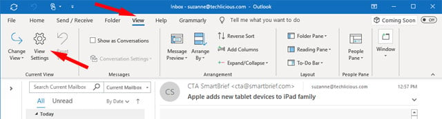 Outlook View tab with Current View selected and View Settings in the pull-down menu pointed out.