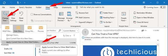 Outlook 2019 screenshot of View tab. Shows Change View selected and the pull down menu with the option to Apple Current View to Other Mail Folders