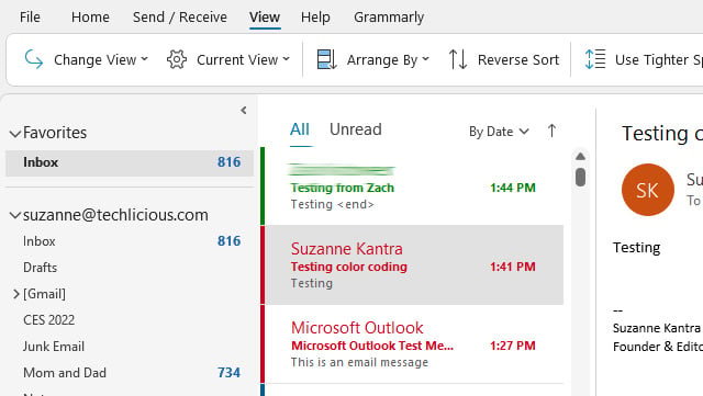 Outlook 2021 with View tab open showing the Inbox. On the right is a list of messages. There is a green message and then two red message.