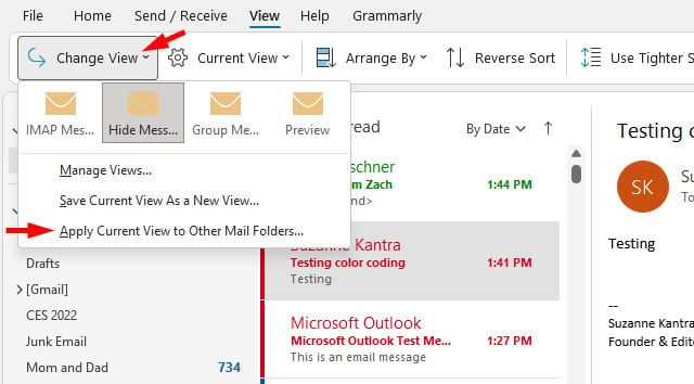 Outlook 2021 screenshot of View tab. Shows Change View selected and the pull down menu with the option to Apple Current View to Other Mail Folders