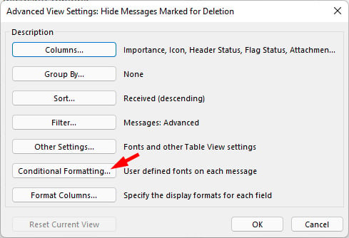 Outlook 2021 Conditional Formatting pop up box with options for Columns, Group by, Sort, Filter, Other Settings, Conditional Formatting (pointed out) and Format Columns.