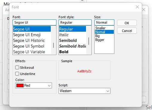 Outlook Font selection a box for the font (with font name below, Segoe UI highlighted), Font stye with options below (Regular highlighted) and Size (Normal highlighted). Below are Effects you can apply including strikeout, underline and Color (Red is selected) and a box next to it entitled Sample shows how the text will appear. 