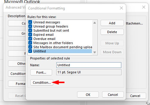 Conditional Formatting pop up box showing the option to Add a new rule in the top right. Below the box entitled Rules for this view, you see Properties of selected. In that section you see Name next to a box with the word Untitled highlighted. Below that is button with the word Font and a box with the font name and size. Below that is a button entitled Condition (pointed out).