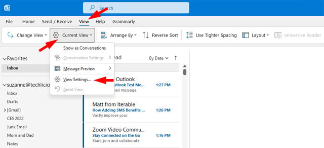 Outlook View tab with Current View selected and View Settings in the pull-down menu pointed out.