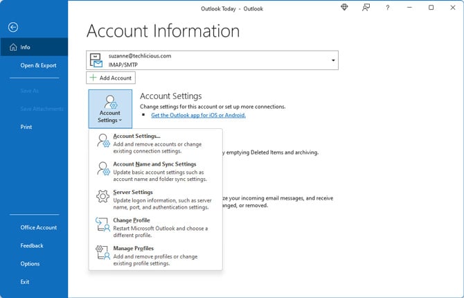 Screenshot of Microsoft Outlook Account Information screen showing the Account Settings button highlighted and the dropdown menu with Account Settings, Account Name and Sync Settings, Sever Settings, Change Profile and Manage Profiles.
